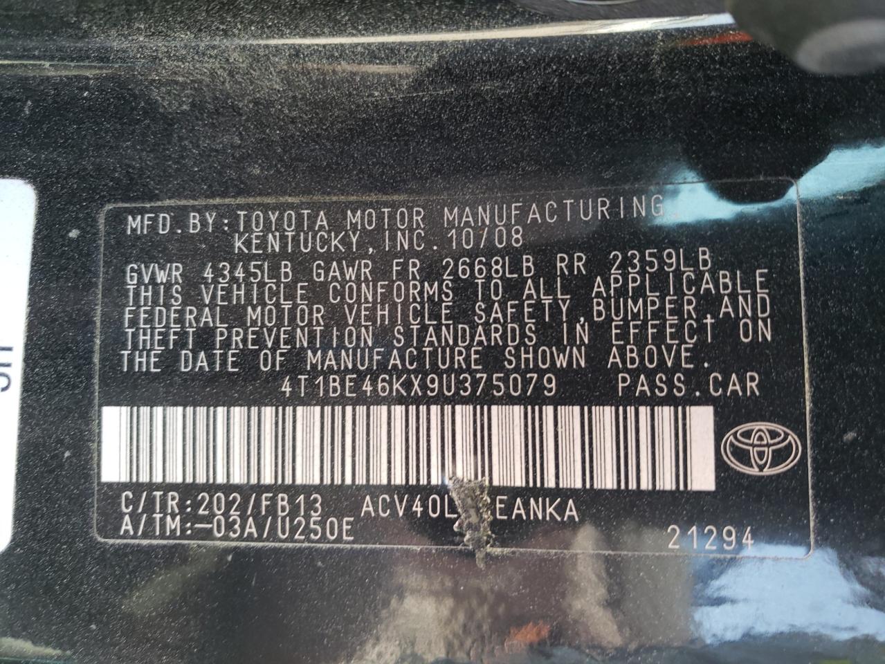 Photo 10 from auction – 2009 TOYOTA CAMRY BASE with VIN 4T1BE46KX9U375079