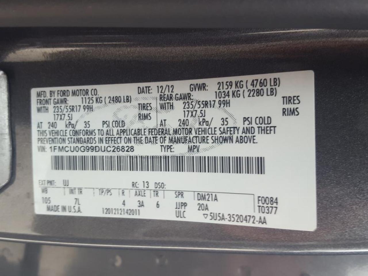 Photo 10 from auction – 2013 FORD ESCAPE SE with VIN 1FMCU0G99DUC26828