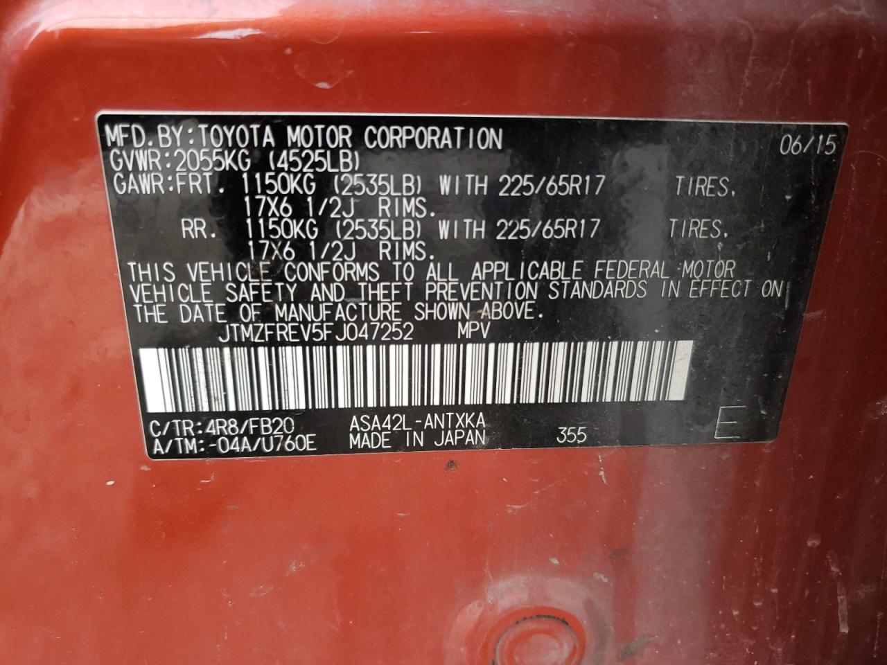 Photo 10 from auction – 2015 TOYOTA RAV4 LE with VIN JTMZFREV5FJ047252