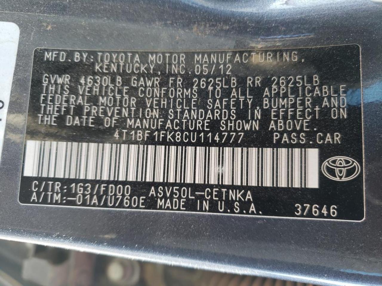 Photo 10 from auction – 2012 TOYOTA CAMRY BASE with VIN 4T1BF1FK8CU114777