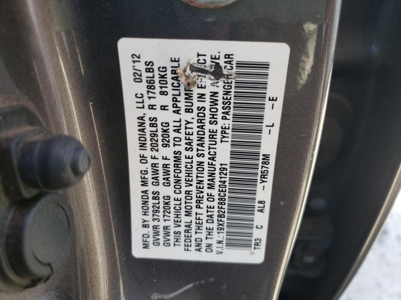 Фото 10 с аукциона – 2012 HONDA CIVIC EX с VIN 19XFB2F88CE041291