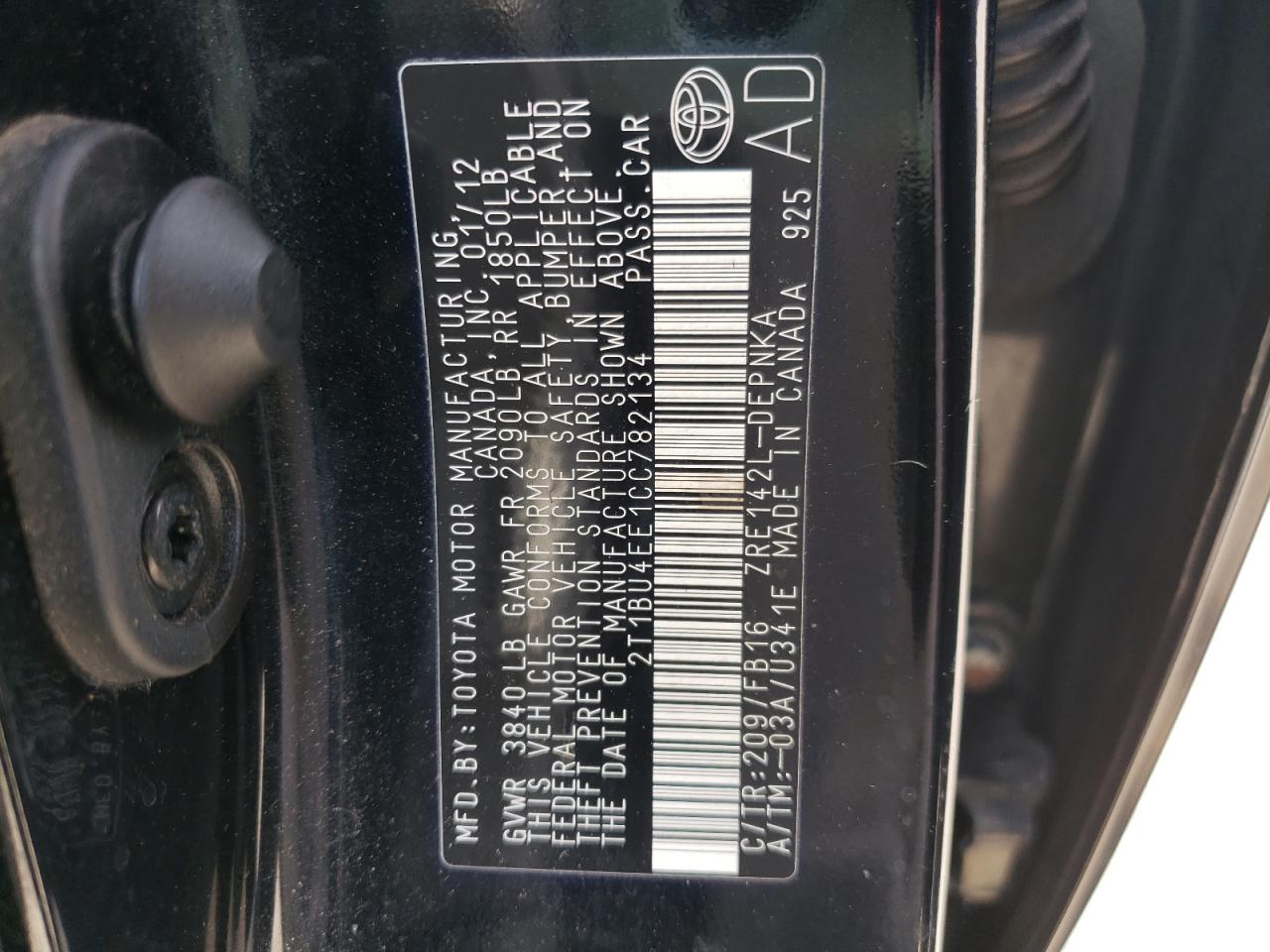 Photo 10 from auction – 2012 TOYOTA COROLLA BA with VIN 2T1BU4EE1CC782134