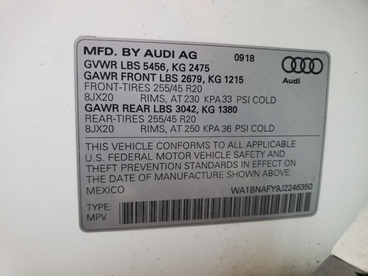 Photo 10 from auction – 2018 AUDI Q5 PREMIUM with VIN WA1BNAFY9J2246350