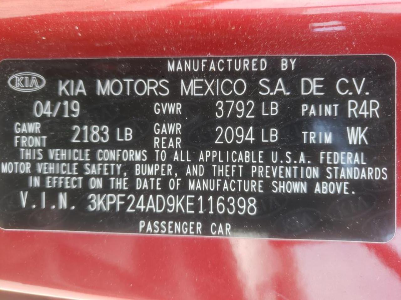 Photo 10 from auction – 2019 KIA FORTE FE with VIN 3KPF24AD9KE116398