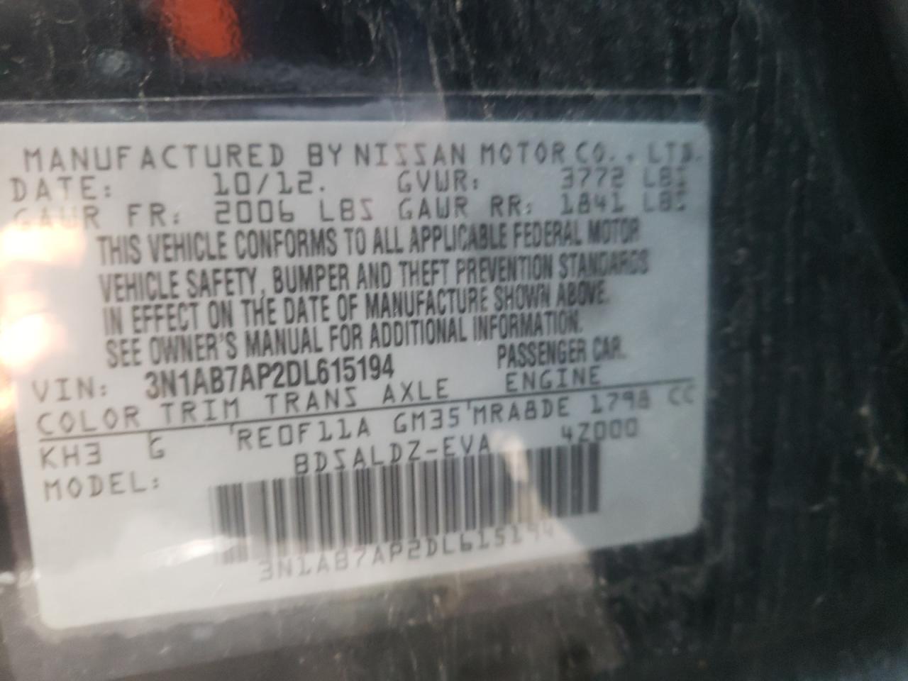 Photo 10 from auction – 2013 NISSAN SENTRA S with VIN 3N1AB7AP2DL615194