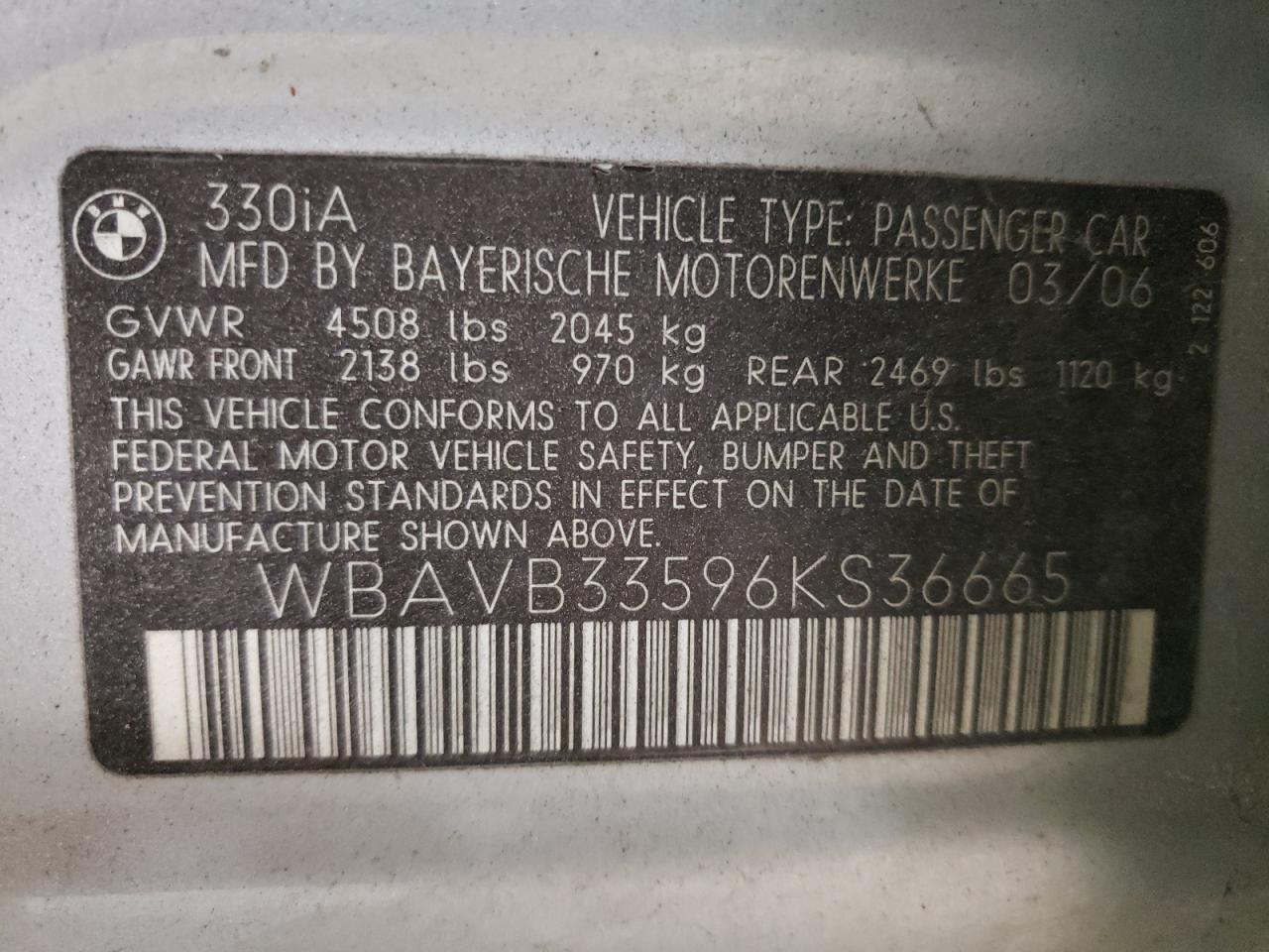 Photo 10 from auction – 2006 BMW 330 I with VIN WBAVB33596KS36665