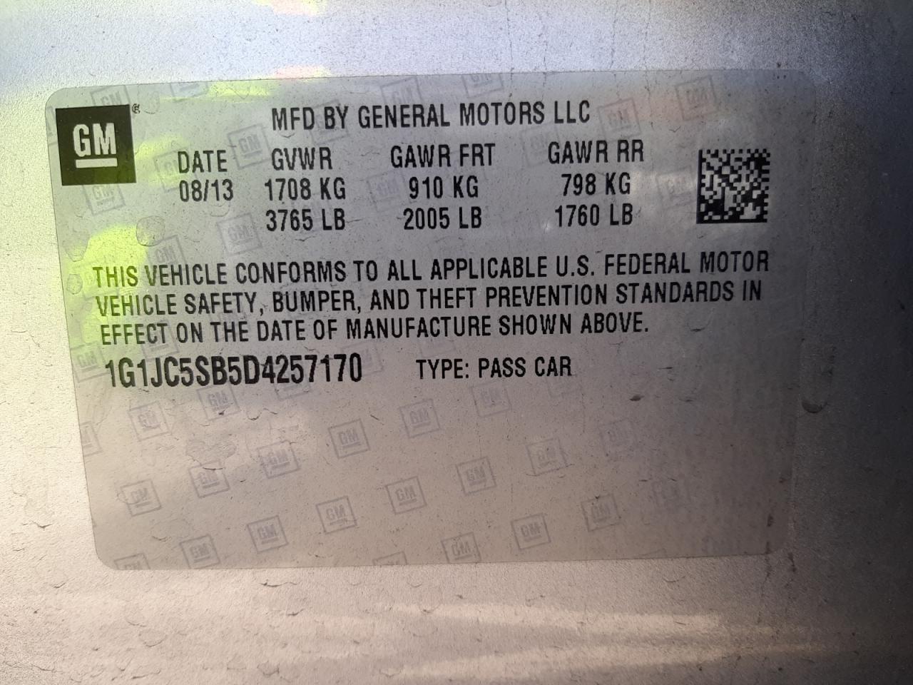 Photo 10 from auction – 2013 CHEVROLET SONIC LT with VIN 1G1JC5SB5D4257170