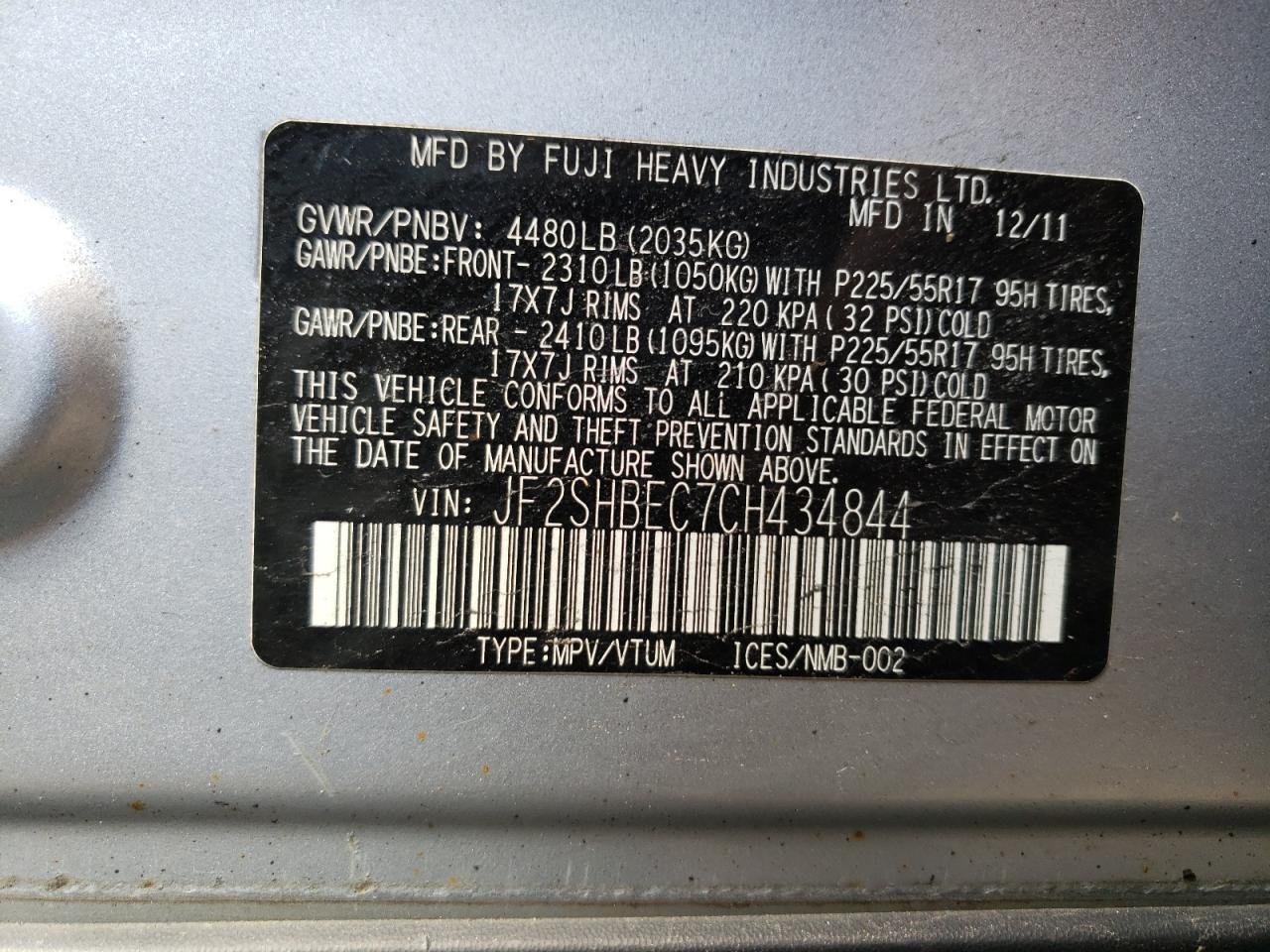 Photo 10 from auction – 2012 SUBARU FORESTER L with VIN JF2SHBEC7CH434844