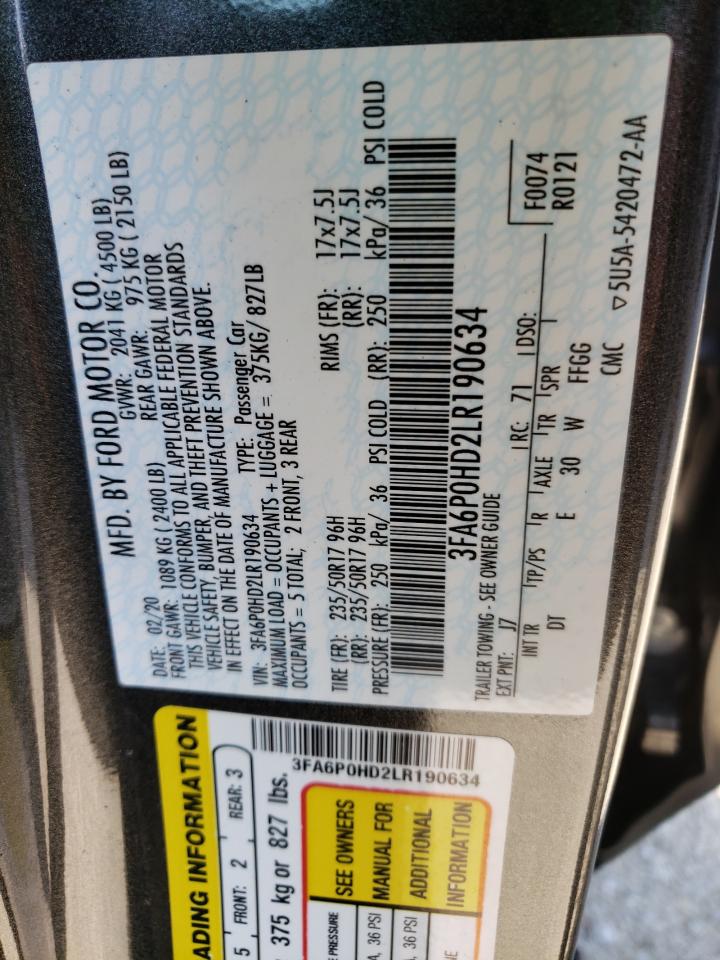 Photo 10 from auction – 2020 FORD FUSION SE with VIN 3FA6P0HD2LR190634