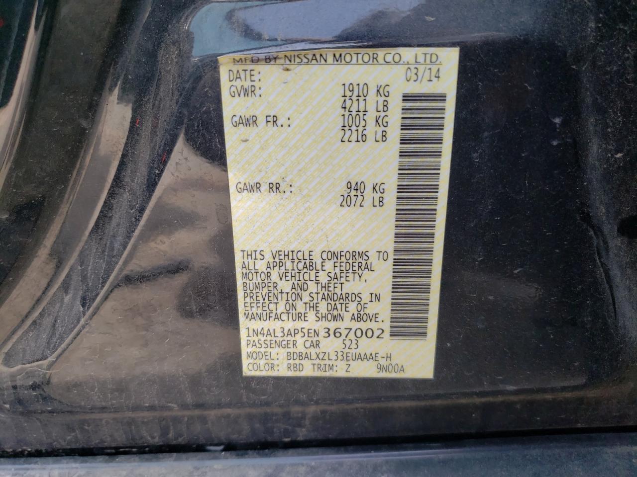 Photo 10 from auction – 2014 NISSAN ALTIMA 2.5 with VIN 1N4AL3AP5EN367002