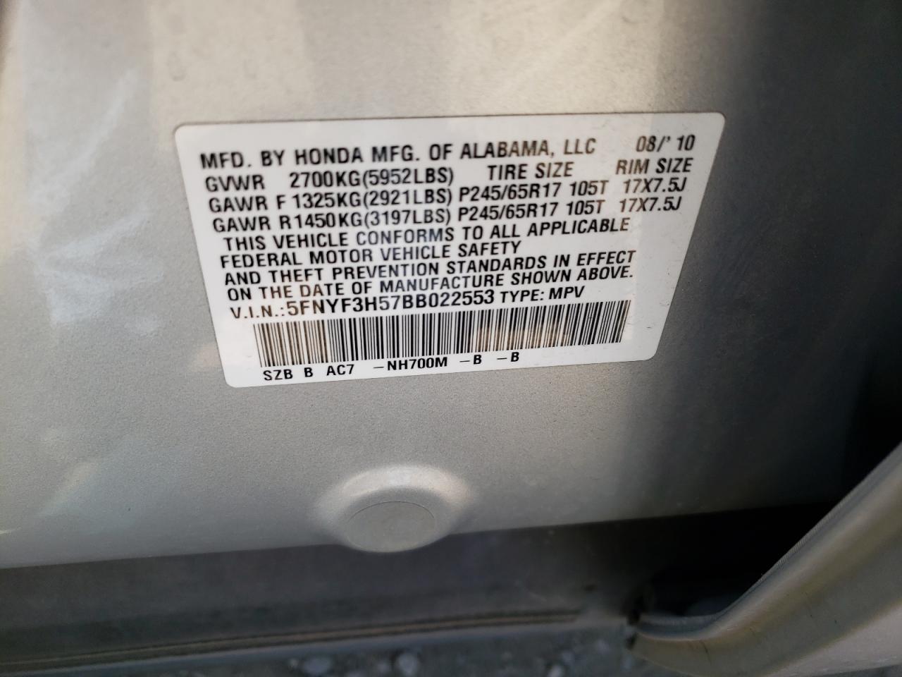 Photo 10 from auction – 2011 HONDA PILOT EXL with VIN 5FNYF3H57BB022553