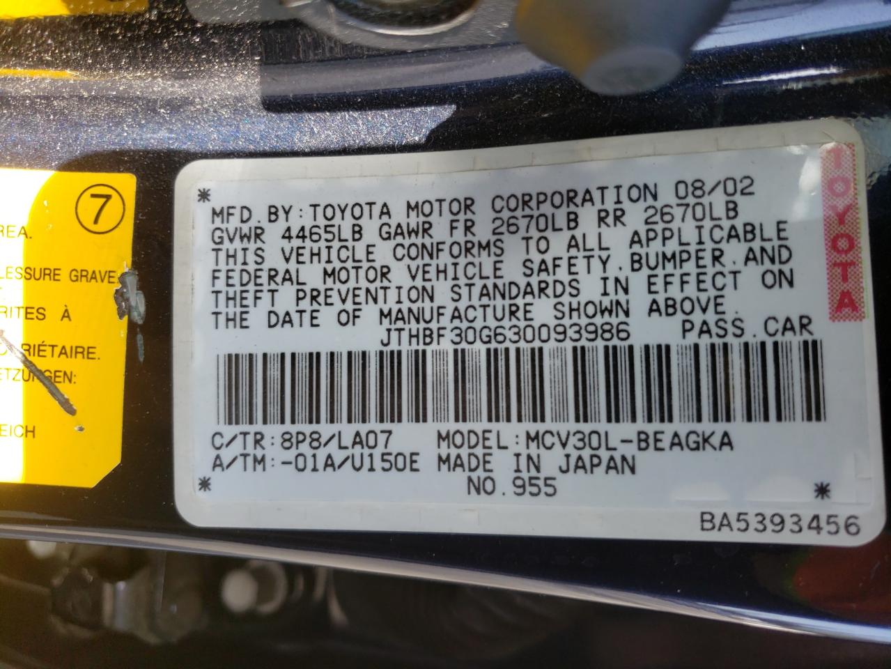Photo 10 from auction – 2003 LEXUS ES 300 with VIN JTHBF30G630093986