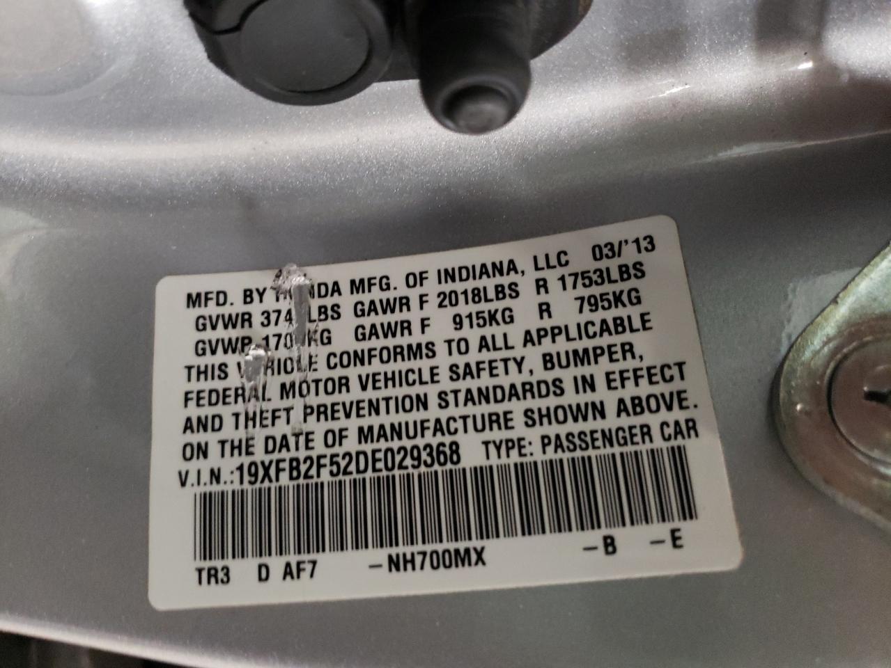 Photo 10 from auction – 2013 HONDA CIVIC LX with VIN 19XFB2F52DE029368