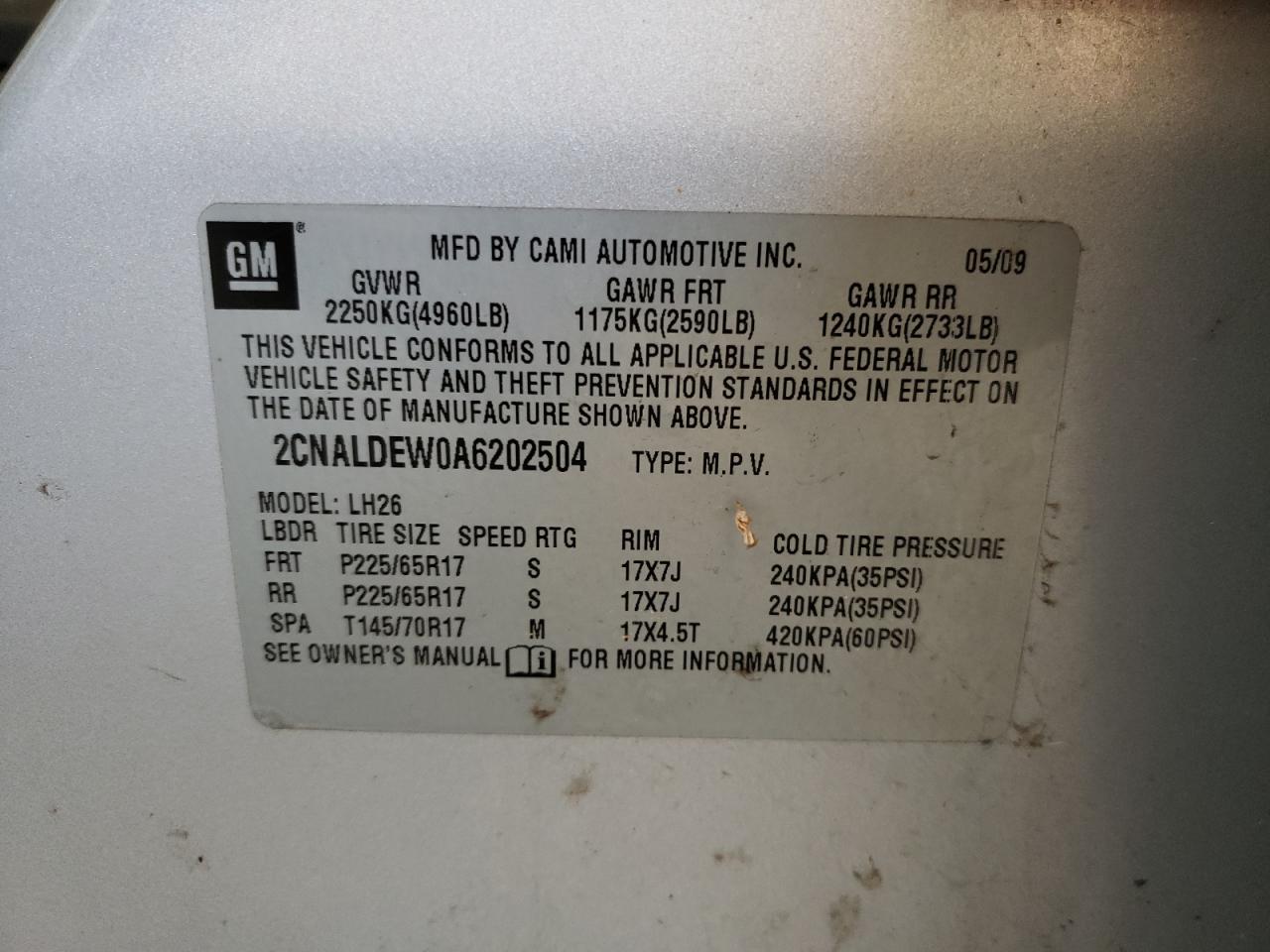Photo 10 from auction – 2010 CHEVROLET EQUINOX LT with VIN 2CNALDEW0A6202504