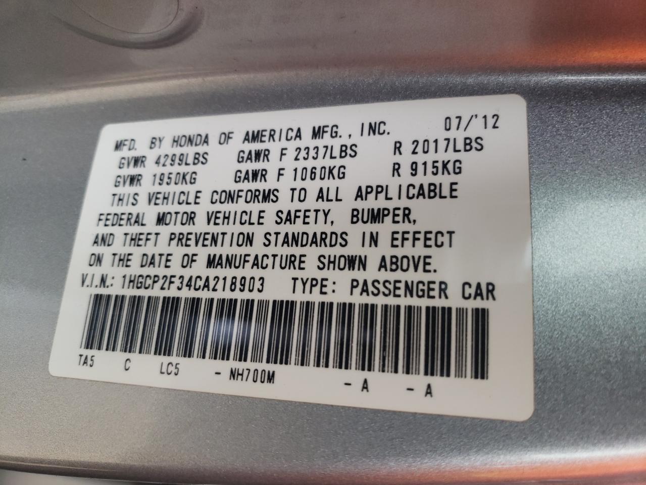 Photo 10 from auction – 2012 HONDA ACCORD LX with VIN 1HGCP2F34CA218903