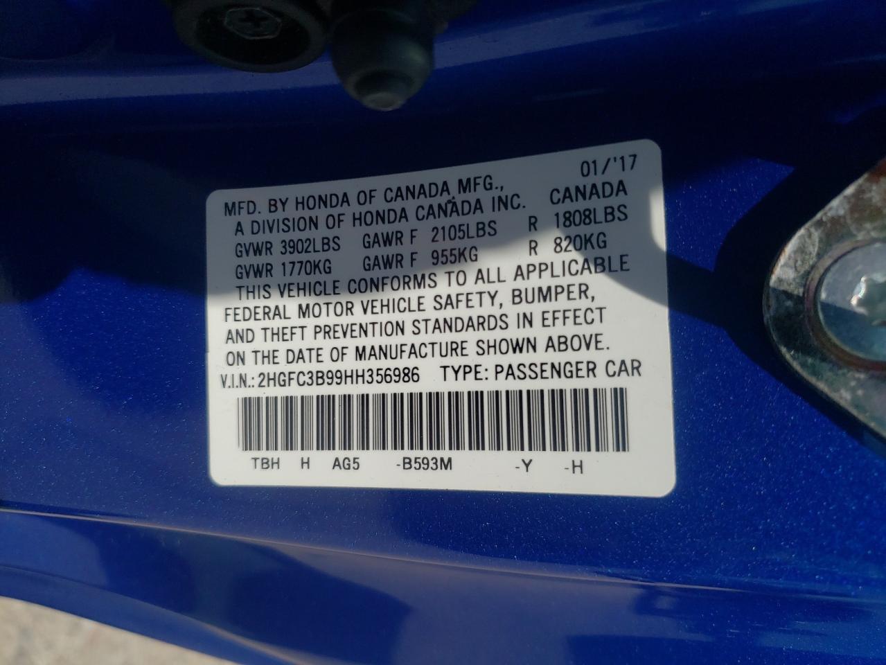 Photo 10 from auction – 2017 HONDA CIVIC TOUR with VIN 2HGFC3B99HH356986