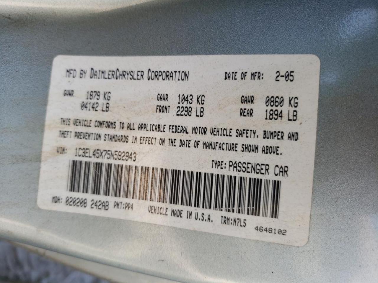 Photo 10 from auction – 2005 CHRYSLER SEBRING with VIN 1C3EL45X75N592943