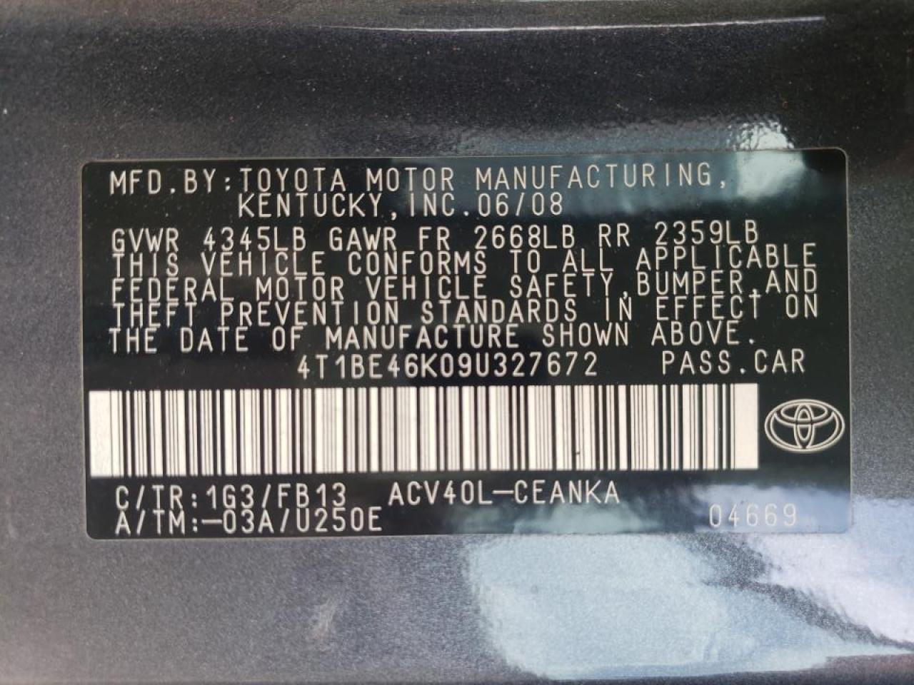 Photo 10 from auction – 2009 TOYOTA CAMRY BASE with VIN 4T1BE46K09U327672