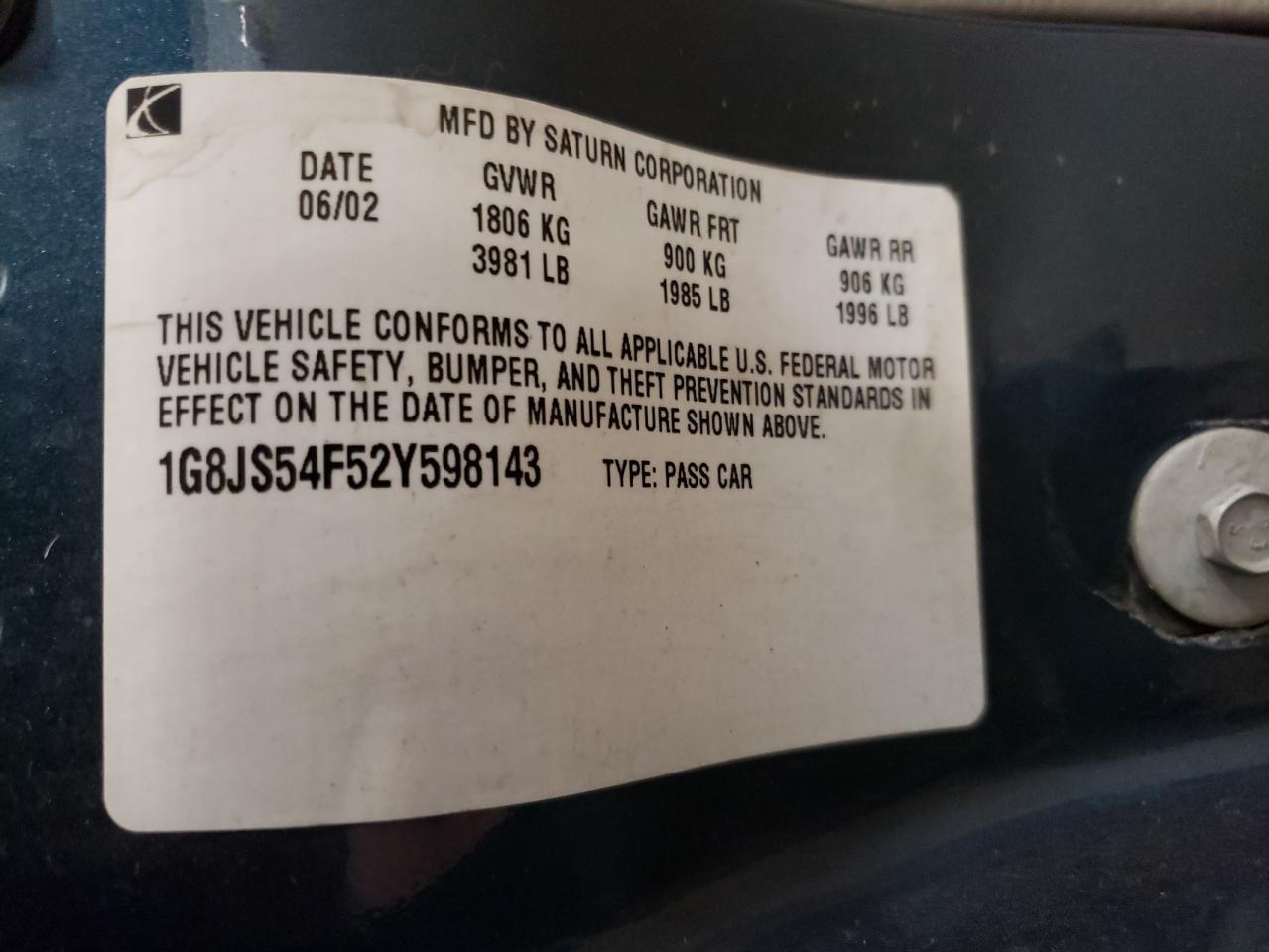 Photo 10 from auction – 2002 SATURN L100 with VIN 1G8JS54F52Y598143