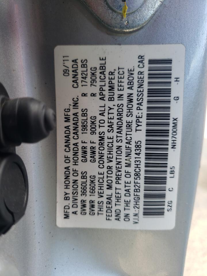 Photo 10 from auction – 2012 HONDA CIVIC LX with VIN 2HGFB2F58CH314385