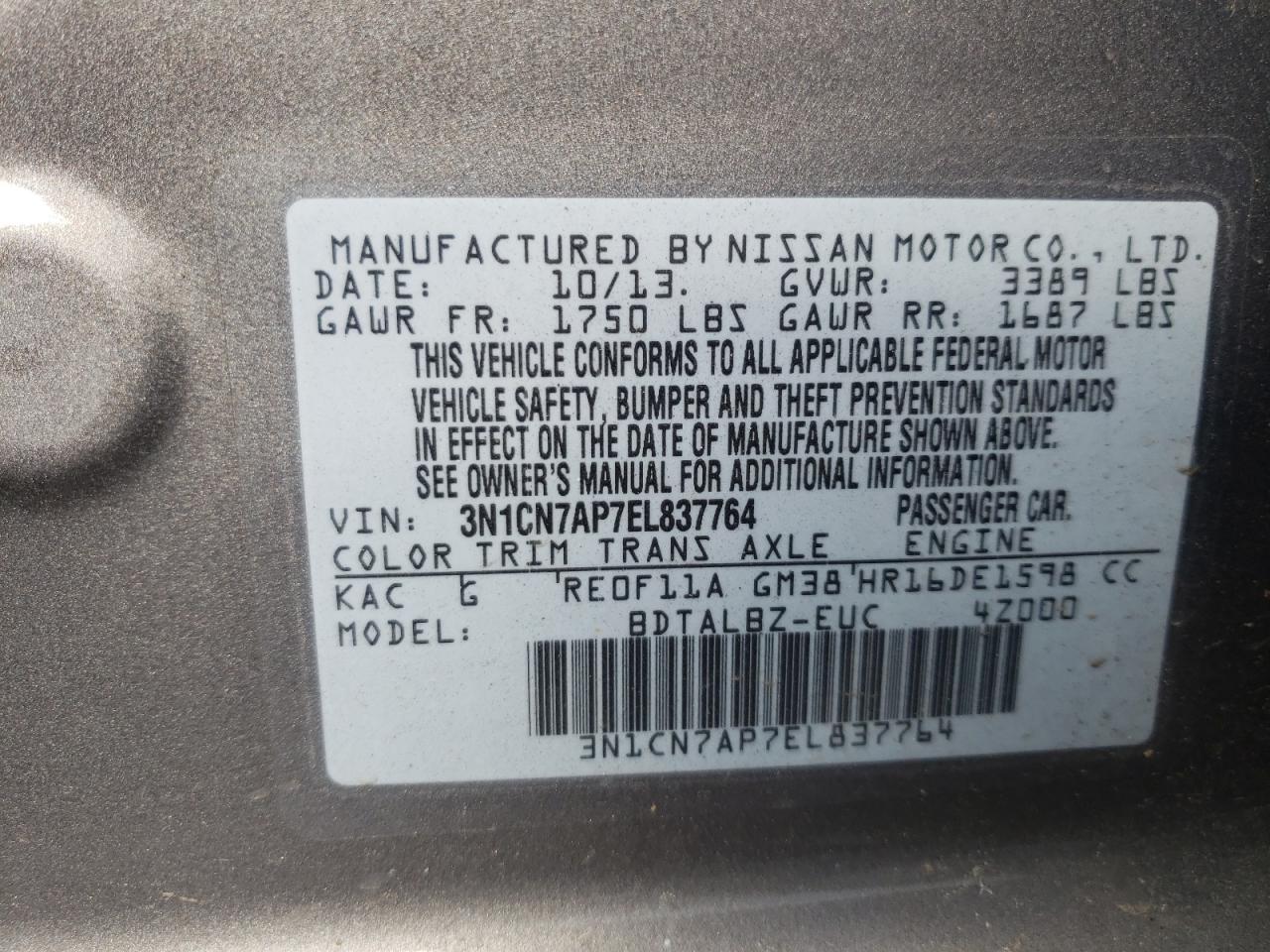 Photo 10 from auction – 2014 NISSAN VERSA S with VIN 3N1CN7AP7EL837764