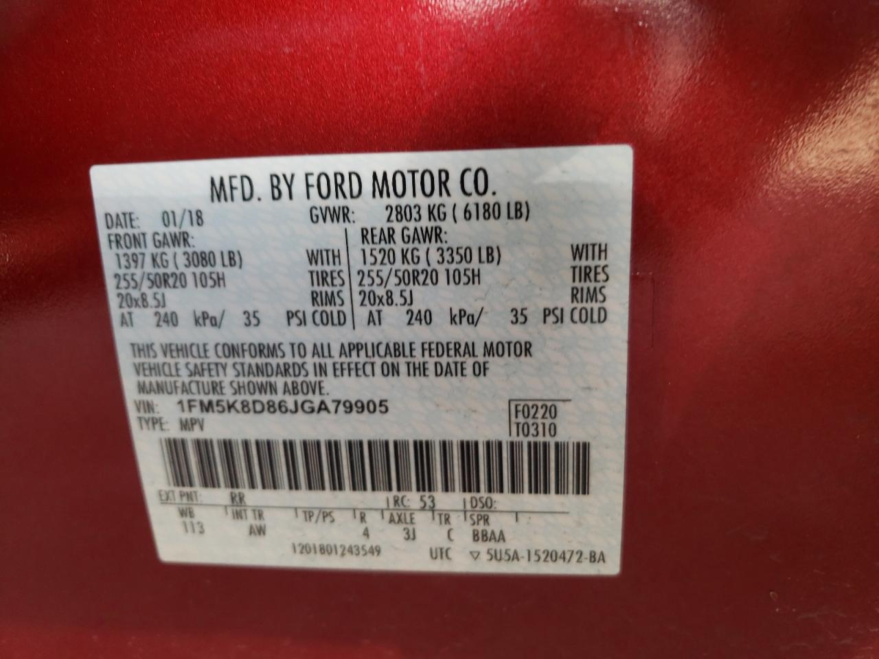Photo 10 from auction – 2018 FORD EXPLORER X with VIN 1FM5K8D86JGA79905