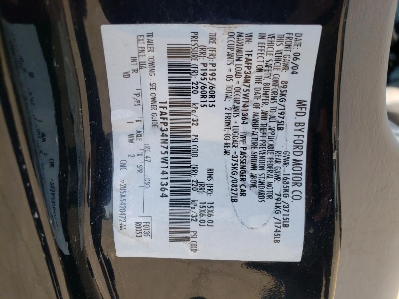 Photo 20 from auction – 2005 FORD FOCUS ZX4 with VIN 1FAFP34N75W141364