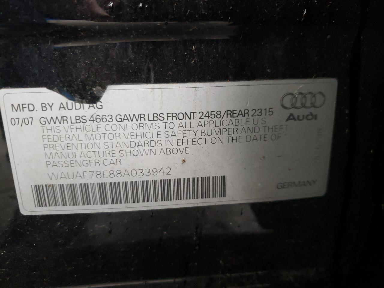 Photo 10 from auction – 2008 AUDI A4 2.0T with VIN WAUAF78E88A033942