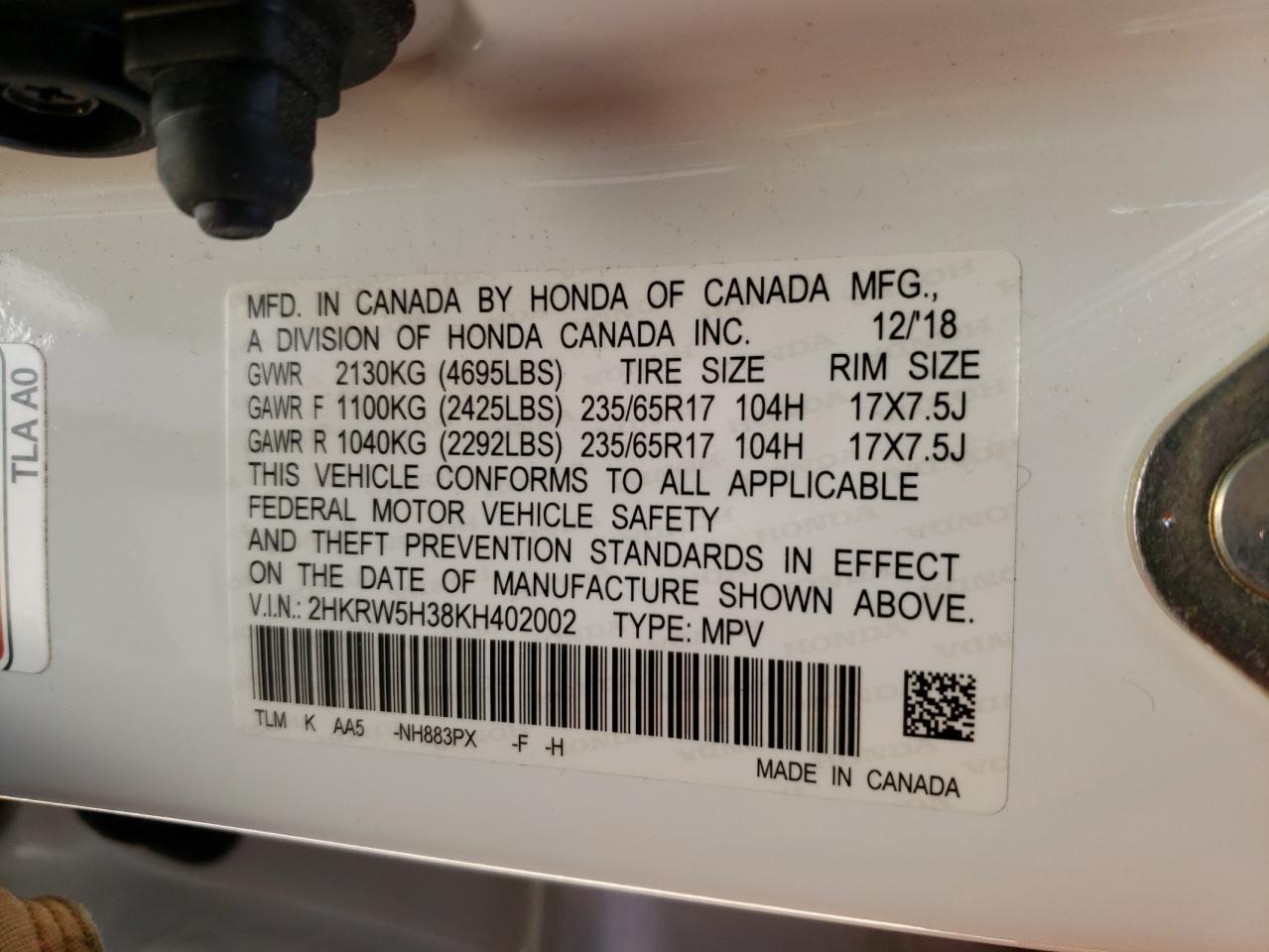 Photo 10 from auction – 2019 HONDA CR-V LX with VIN 2HKRW5H38KH402002