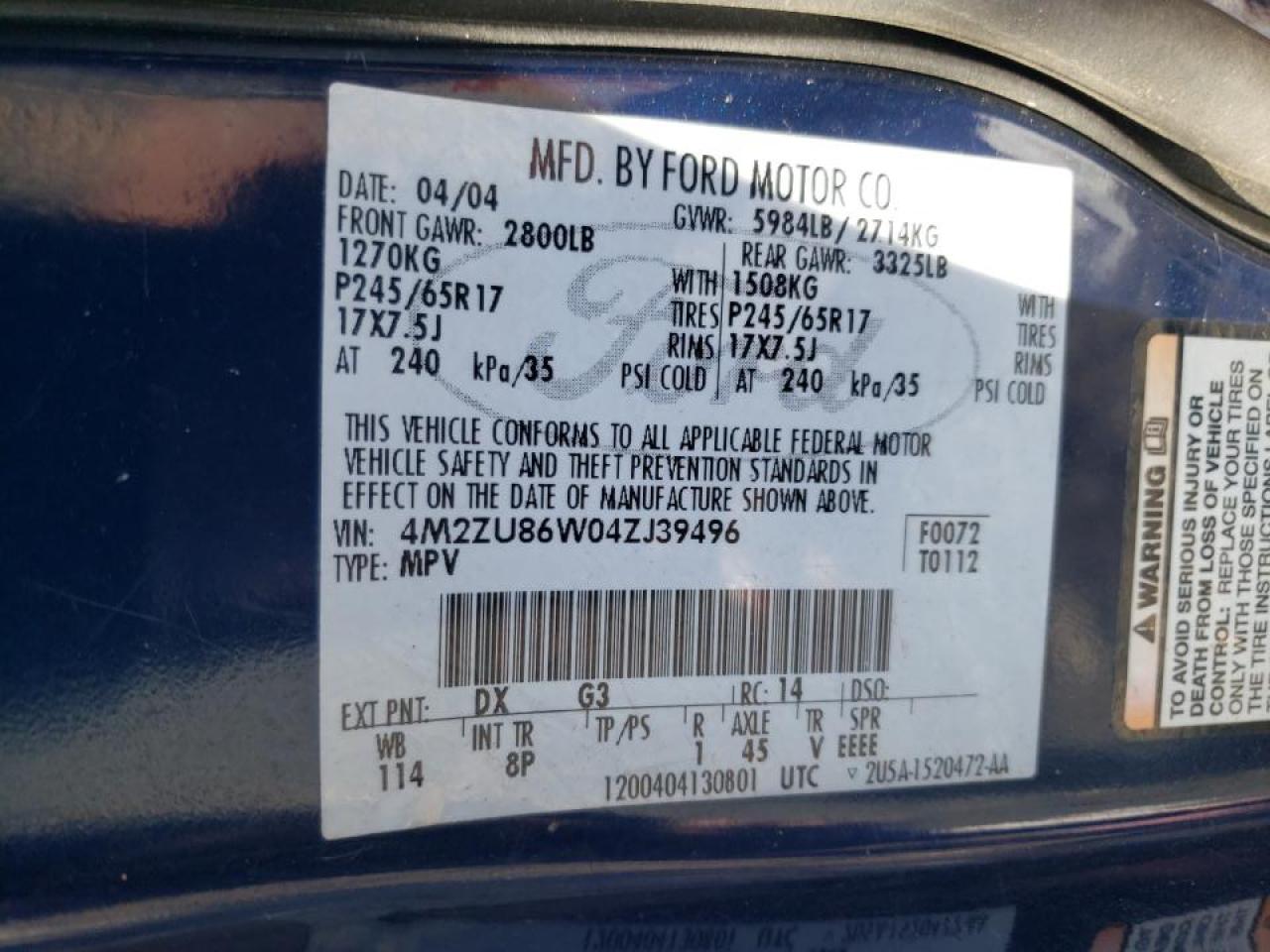 Photo 10 from auction – 2004 MERCURY MOUNTAINEE with VIN 4M2ZU86W04ZJ39496
