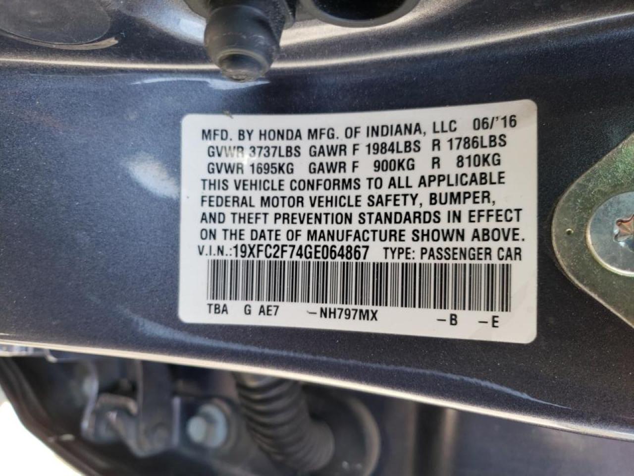 Photo 10 from auction – 2016 HONDA CIVIC EX with VIN 19XFC2F74GE064867