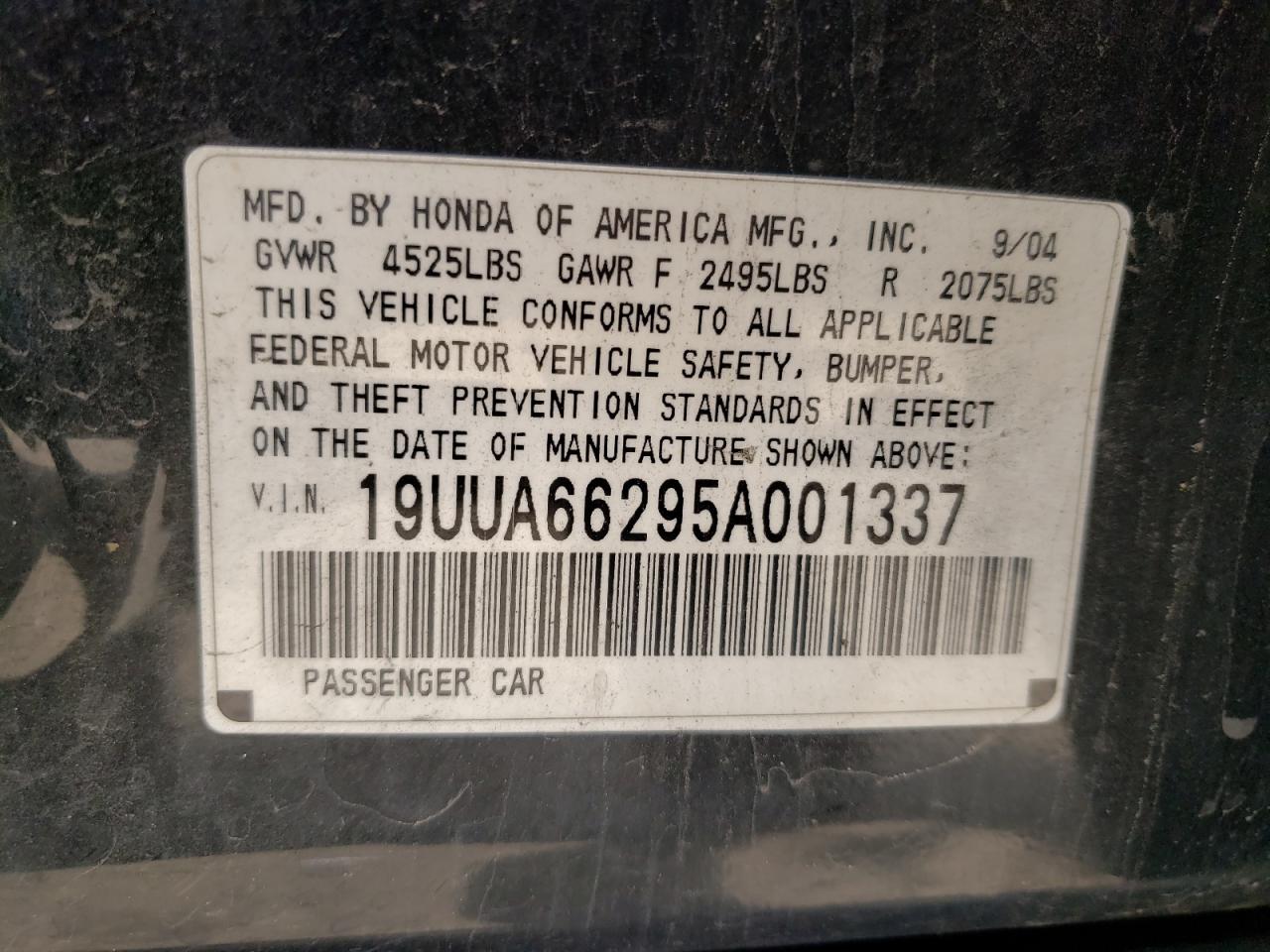 Photo 10 from auction – 2005 ACURA TL with VIN 19UUA66295A001337