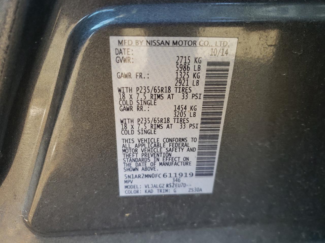 Photo 10 from auction – 2015 NISSAN PATHFINDER with VIN 5N1AR2MN0FC611919