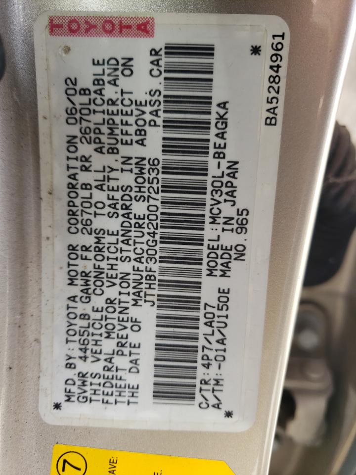 Photo 10 from auction – 2002 LEXUS ES with VIN JTHBF30G420072536