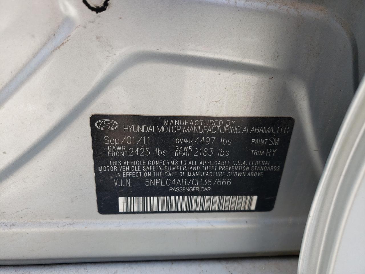 Photo 10 from auction – 2012 HYUNDAI SONATA SE with VIN 5NPEC4AB7CH367666
