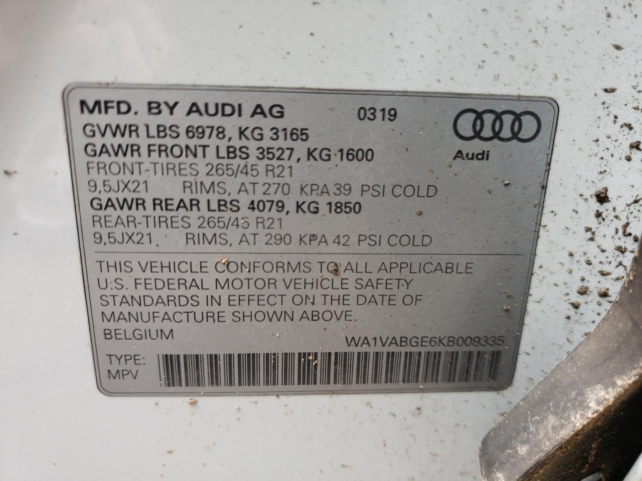 Photo 10 from auction – 2019 AUDI E-TRON PRE with VIN WA1VABGE6KB009335