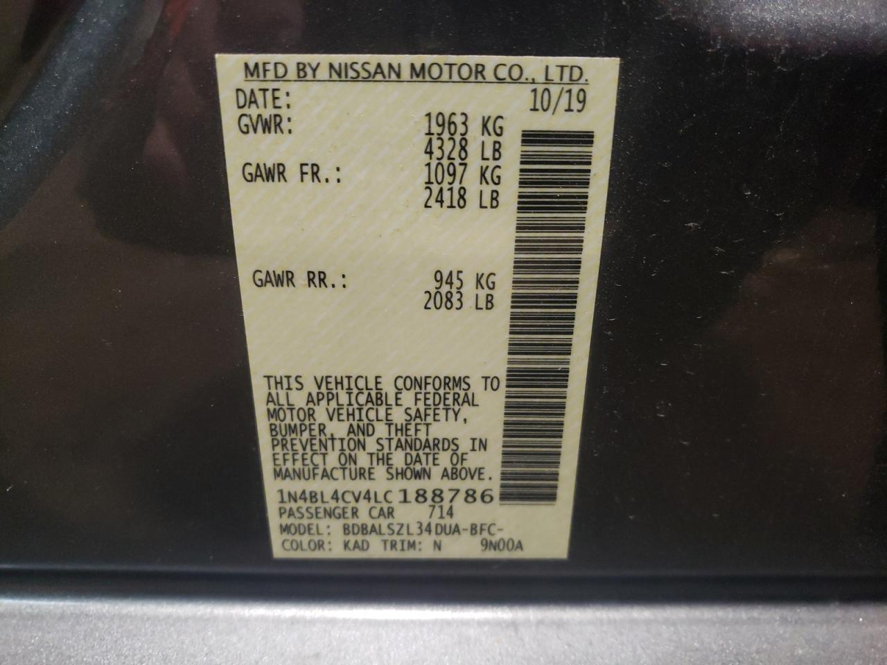 Photo 10 from auction – 2020 NISSAN ALTIMA SR with VIN 1N4BL4CV4LC188786