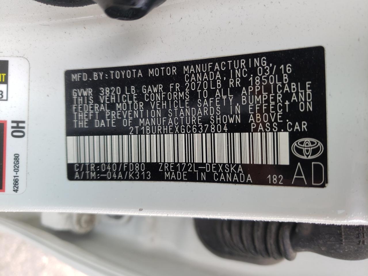 Photo 10 from auction – 2016 TOYOTA COROLLA L with VIN 2T1BURHEXGC637804