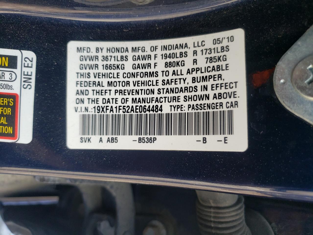 Photo 10 from auction – 2010 HONDA CIVIC with VIN 19XFA1F52AE064484