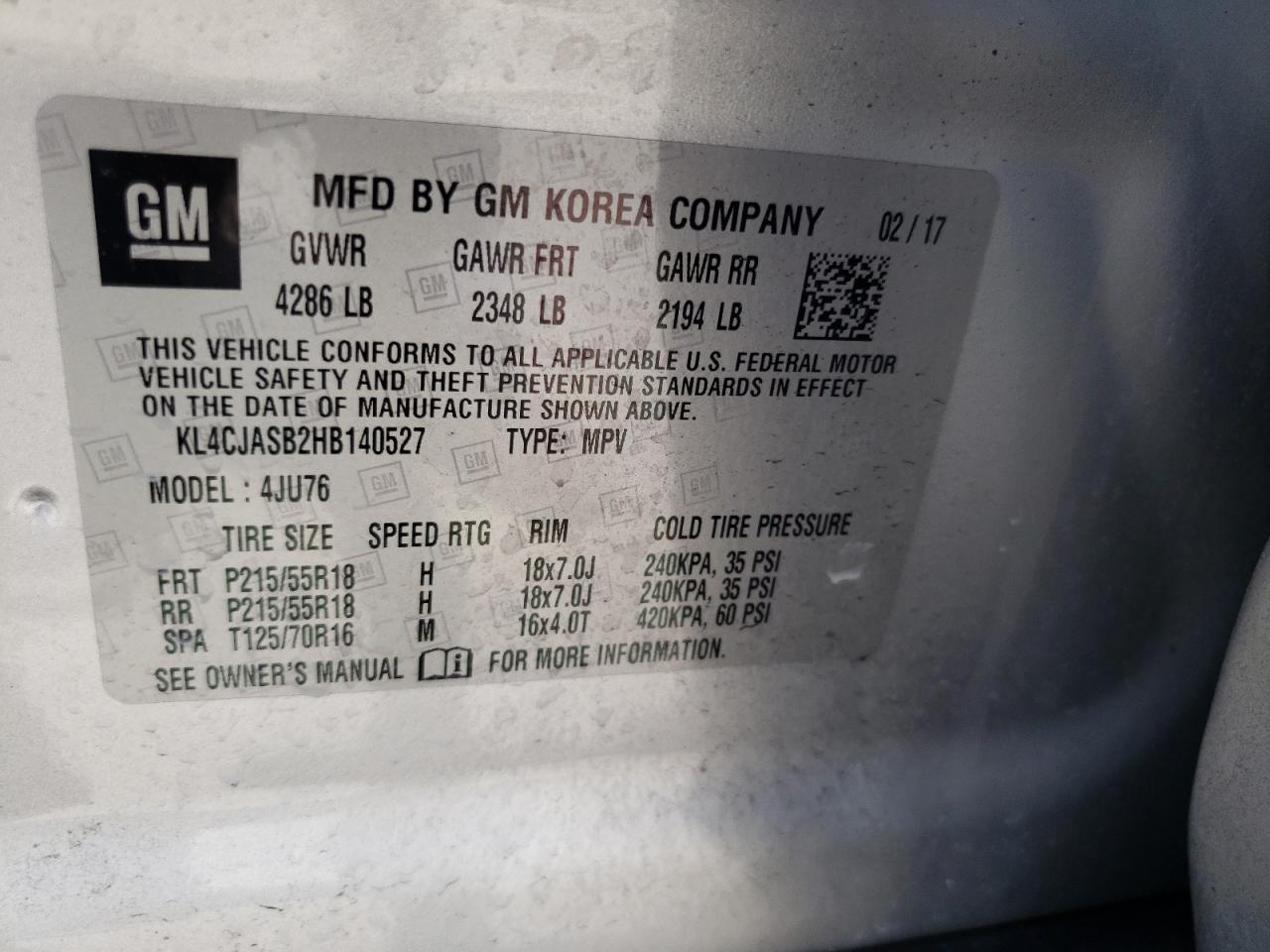 Photo 10 from auction – 2017 BUICK ENCORE PRE with VIN KL4CJASB2HB140527