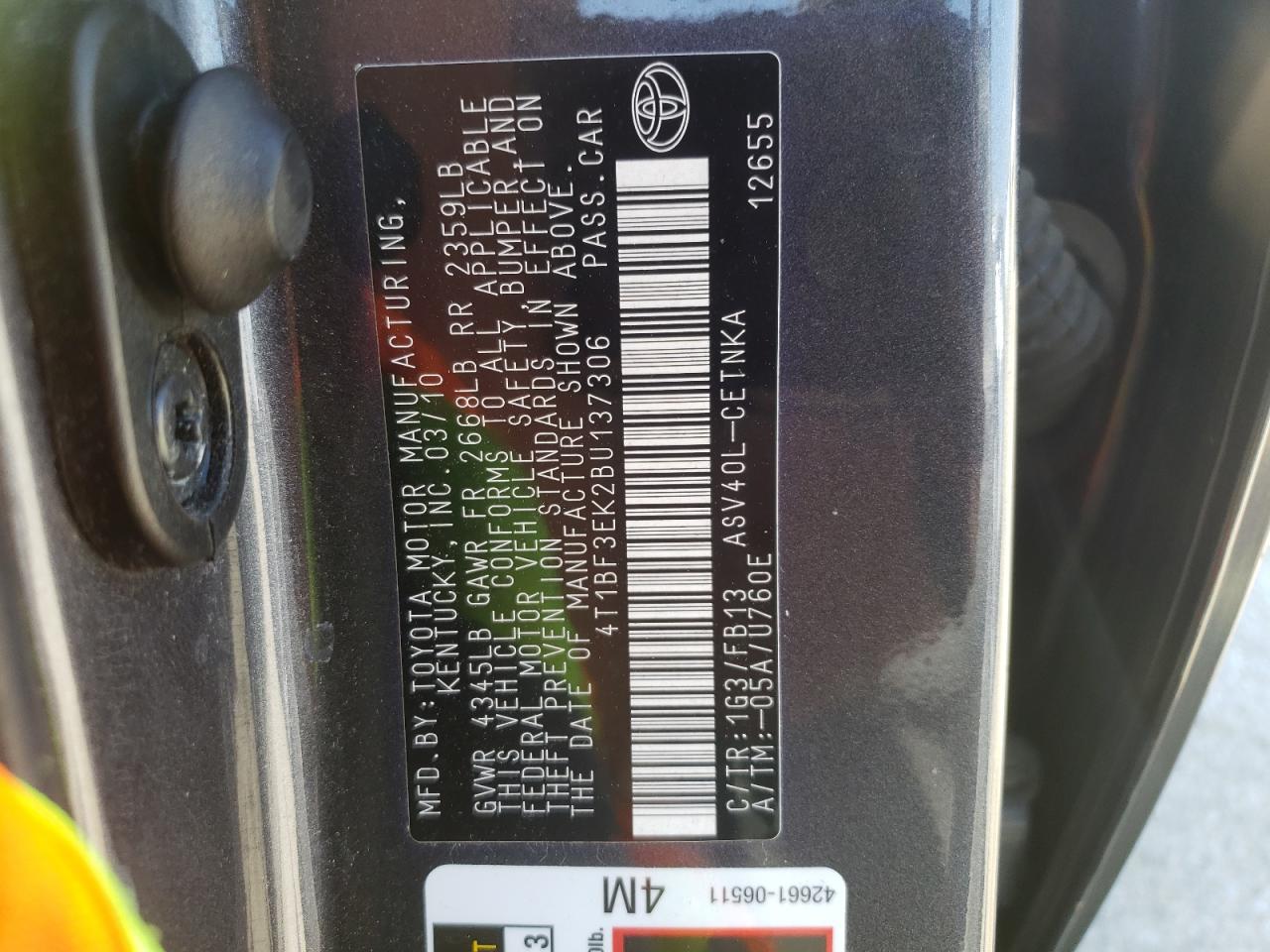 Photo 10 from auction – 2011 TOYOTA CAMRY BASE with VIN 4T1BF3EK2BU137306