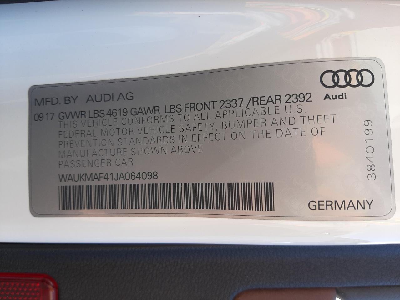 Photo 10 from auction – 2018 AUDI A4 PREMIUM with VIN WAUKMAF41JA064098