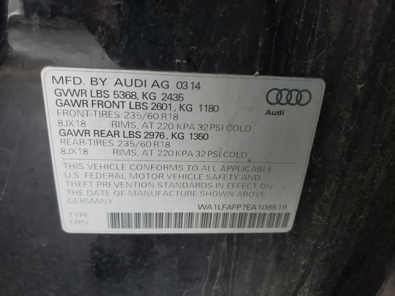 Foto 10 de la subasta – 2014 AUDI Q5 PREMIUM con VIN WA1LFAFP7EA108519