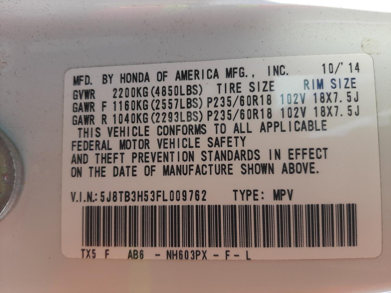 Photo 10 from auction – 2015 ACURA RDX TECHNO with VIN 5J8TB3H53FL009762