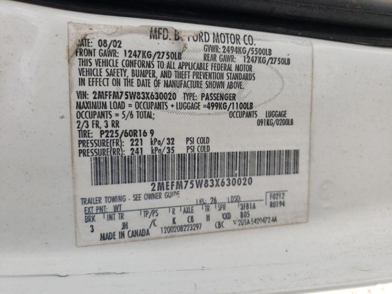 Photo 10 from auction – 2003 MERCURY GRAND MARQ with VIN 2MEFM75W83X630020