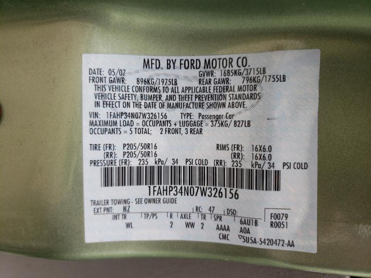 Photo 10 from auction – 2007 FORD FOCUS ZX4 with VIN 1FAHP34N07W326156