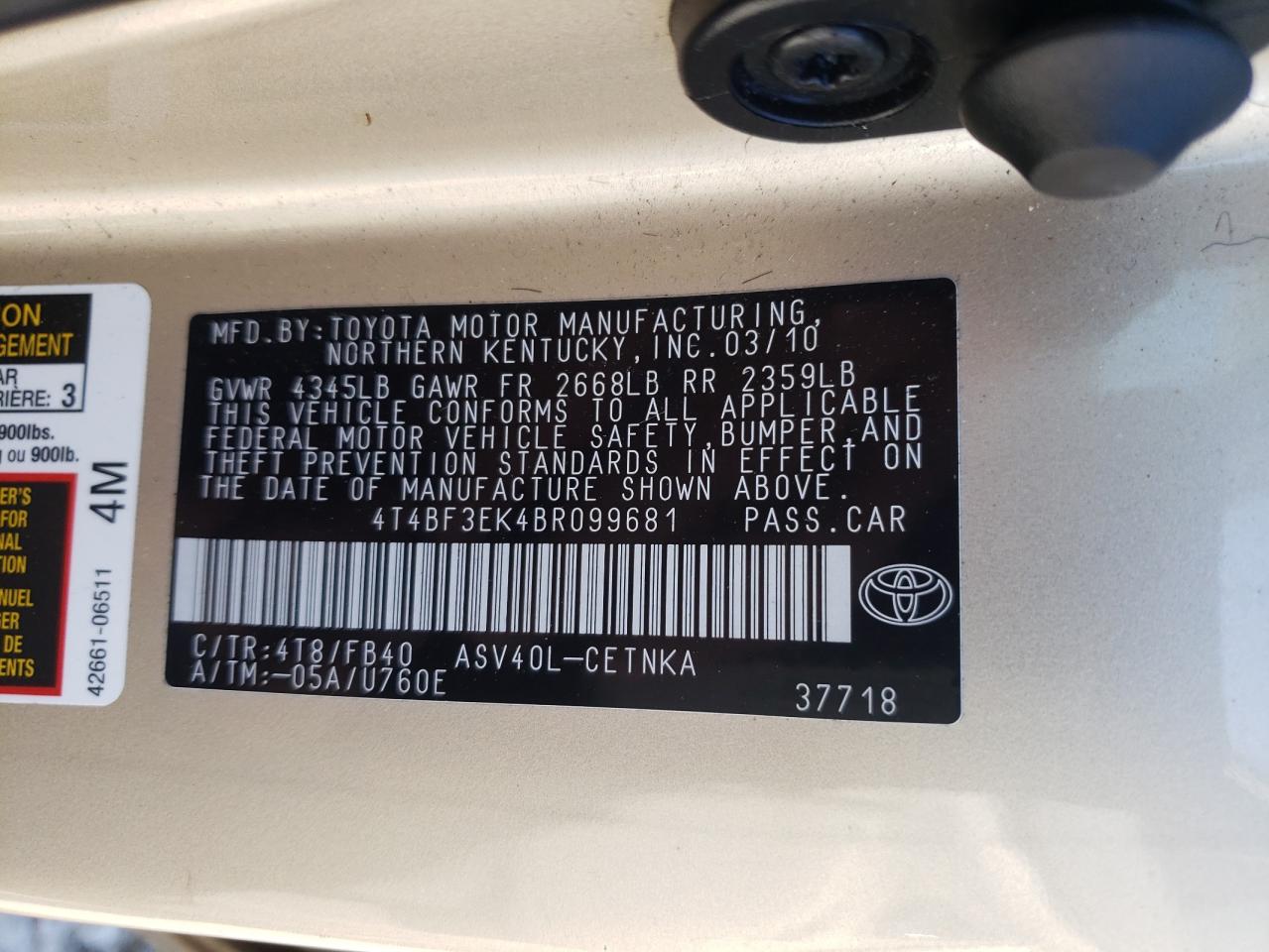 Photo 10 from auction – 2011 TOYOTA CAMRY BASE with VIN 4T4BF3EK4BR099681