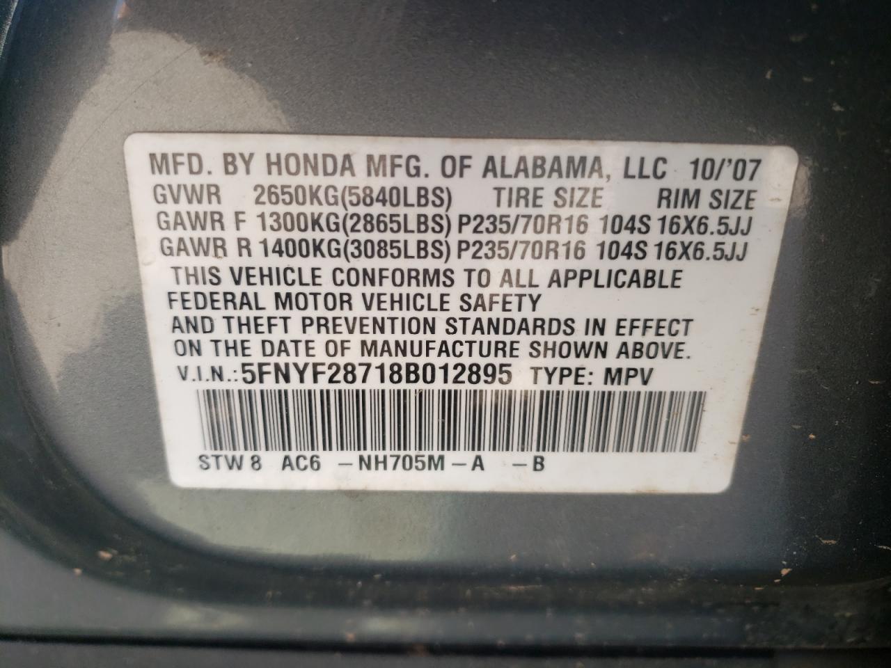 Photo 10 from auction – 2008 HONDA PILOT EXL with VIN 5FNYF28718B012895