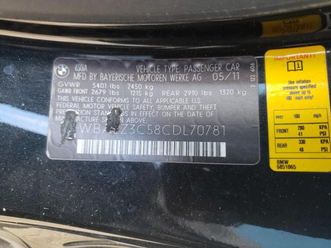 Photo 10 from auction – 2012 BMW 650 I with VIN WBALZ3C58CDL70781