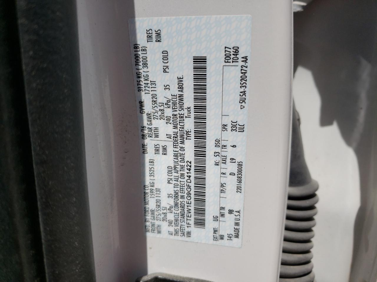 Photo 10 from auction – 2016 FORD F150 SUPER with VIN 1FTEW1EG9GFD41422